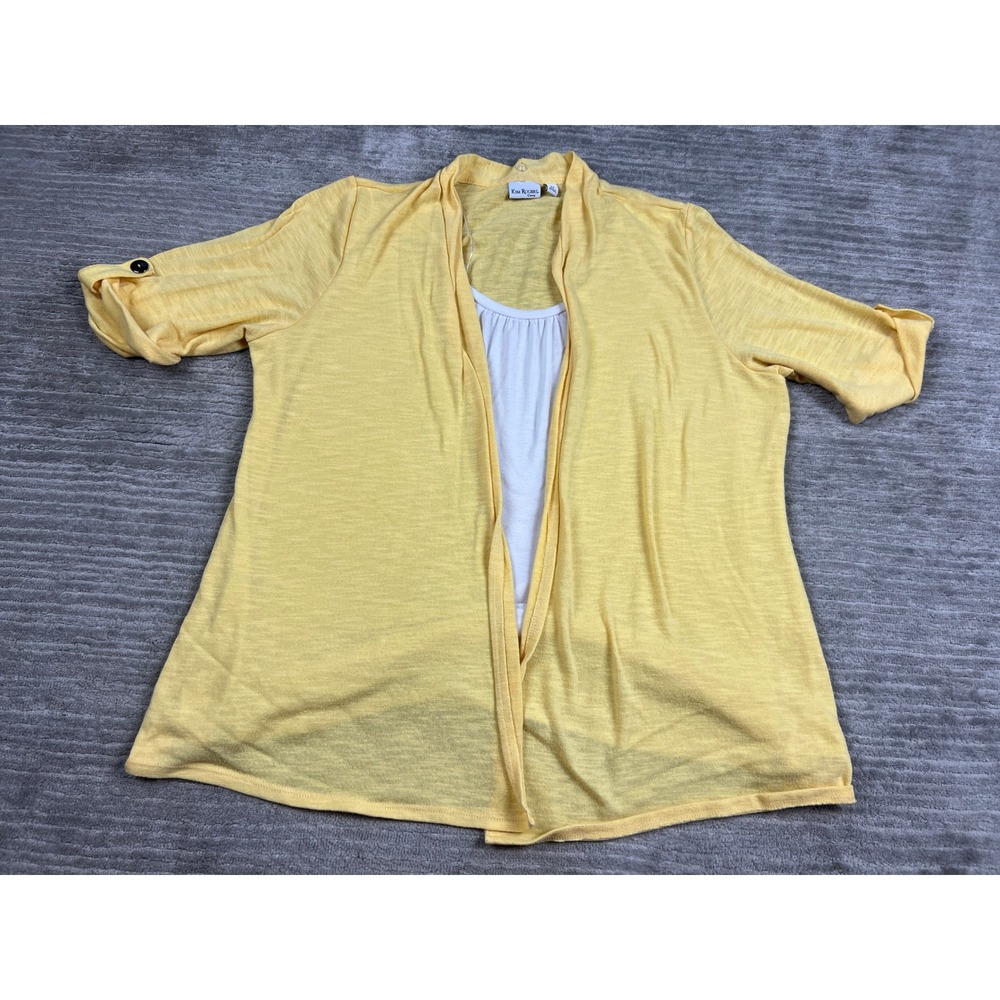 Kim Rogers Cardigan Womens 2X Yellow 2-in-1 Layered Tab Sleeve Open Front Slub